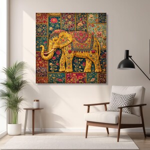 Sierlijke bloemen olifant canvas, muurkunst, decoratief dier canvas, kleurrijk huisdecor, vintage textielontwerp afbeelding 6