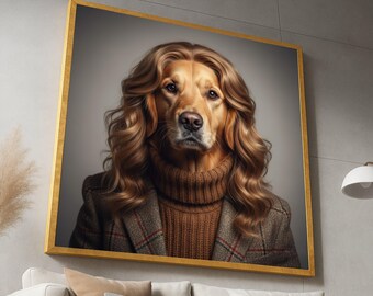 Elegant Golden Retriever Portrait Canvas, Funny Dog Wall Art, Animal Character Canvas, Humorous Pet Decoration, Unique Home Canvas