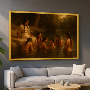 May include: A framed print of a painting showing a group of people in a river. The artwork features people with long dark hair, some in the water and others on the bank. The painting is framed in a gold-coloured frame.