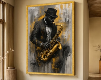 May include: A framed artwork depicts a musician playing a golden saxophone. The figure is rendered in black and gold against a gray and white background. The musician wears a black suit, hat, and sunglasses. The artwork is displayed in a room with a neutral color palette.