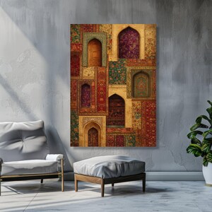 Vintage Persische Türen und Blumenteppiche Leinwand, Verzierte Torbogen Wandkunst, Traditionelles Dekor aus dem Nahen Osten, Bunte Textilmuster Leinwand, Bild 6