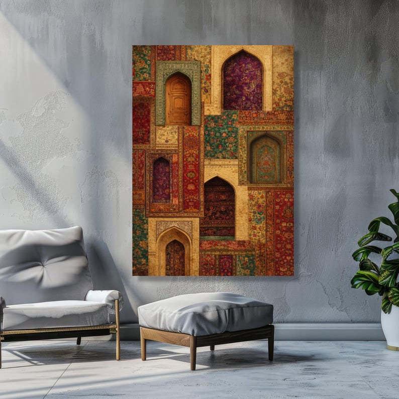 Vintage Persische Türen und Blumenteppiche Leinwand, Verzierte Torbogen Wandkunst, Traditionelles Dekor aus dem Nahen Osten, Bunte Textilmuster Leinwand, Bild 6