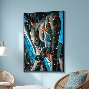Abstract Figure Art with Fiery Highlights – Bold Modern Art in Blue, Grey, and Orange – Large Canvas Wall Art for Contemporary Spaces