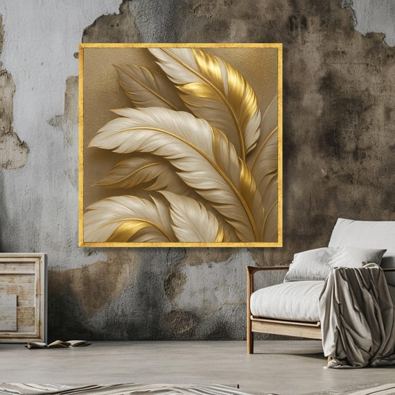 豪華なゴールドとホワイトのフェザーキャンバスウォールアート
