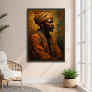 African Man Portrait Canvas, Ethnic Wall Art, Traditional Headwrap Painting, Cultural Home Decor, Bold Orange and Blue Canvas Art image 3