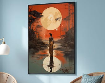 May include: A woman in a long yellow dress walks towards a large, bright orange moon reflected in a still body of water. The scene is painted in a dark, moody style with a red sky and dark trees in the background.