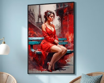 Romantic Woman in Red Dress Sitting on Bench in Paris - Modern Parisian Art Canvas - Vibrant Wall Art for Bedroom or Living Room Decor