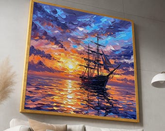 Sunset Sailing Ship Canvas, Ocean Sunset Wall Art, Nautical Canvas Sea Landscape Decor, Impressionist Sky Canvas Art