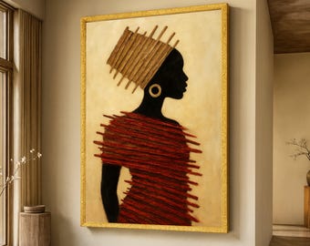 Elegante afrikanische Frau Silhouette Leinwand, Stammes-Kopftuch Wandkunst, ethnische Wohnkultur, kulturelle Leinwand Malerei, moderne afrikanische Kunstdruck