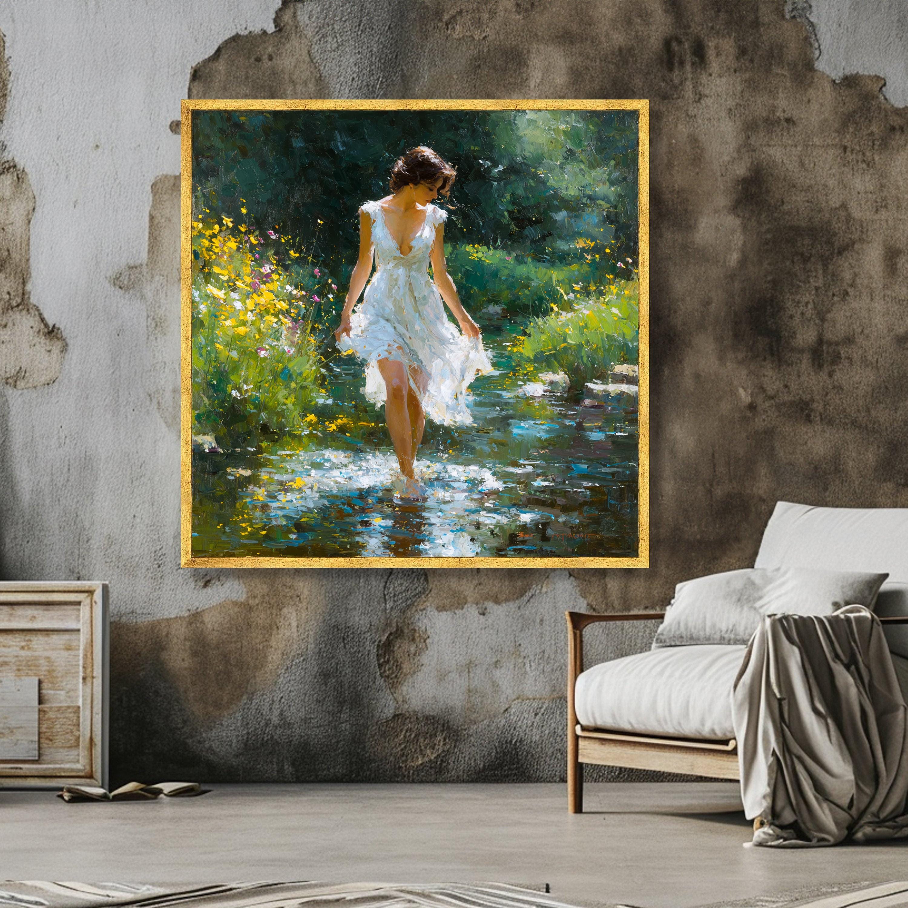 キャンバスアート 絵画 ドレス 白いドレスを着た女性のキャンバス、夏の草原の風景、花の自然の壁