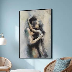 Romantic Abstract Couple Embrace - Soft Impressionist Wall Art Canvas - Dreamlike Intimate Decor