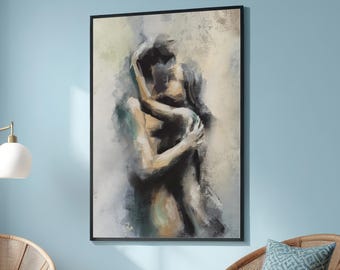 May include: A painting of a couple embracing in a soft, abstract style. The painting is done in shades of gray, blue, and brown, with a textured background.