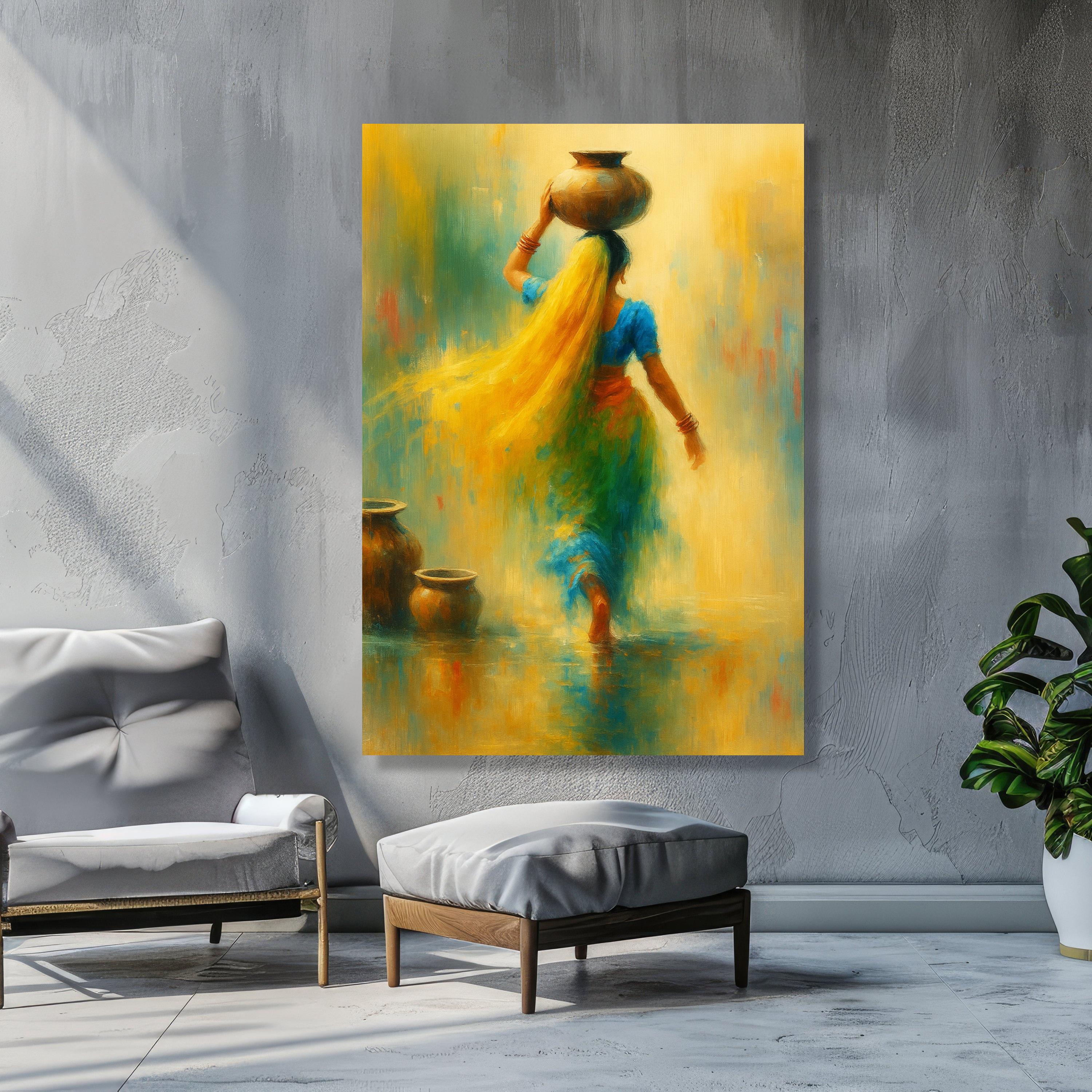 Woman Carrying Pot Canvas Wall Art, Traditional Indian Scene, Colorful ...