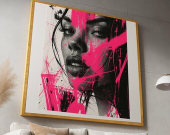 Bold Feminine Portrait Canvas, Abstract Pink Paint Splatter, Modern Wall Art Decor, Female Face Close-Up Canvas, Contemporary Art Print