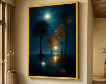 Lienzo de árboles encantados a la luz de la luna, Arte mural de paisaje nocturno místico, Lienzo de reflejo otoñal, Escena de bosque mágico, Decoración natural para el hogar