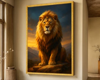 Majestueus leeuwenportret op canvas, wanddecoratie met dieren in zonsondergang, Afrikaanse safari-dierendecoratie, koninklijke leeuw op canvas, natuurlandschap kunstprint
