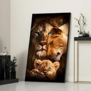 Realistic Lion Family Canvas Print - Majestic Lion, Lioness, and Cub with Striking Blue Eyes for Animal Lovers and Nature Decor
