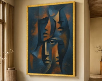Cuadro abstracto de rostros en lienzo, retrato expresionista moderno, decoración para el hogar en azul y naranja, lámina artística contemporánea de rostros, lienzo listo para colgar.