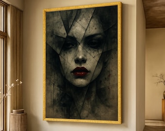 Lienzo de retrato femenino abstracto oscuro, arte mural con rostro fragmentado, decoración gótica para el hogar, lienzo con expresión melancólica, impresión artística de labios rojos