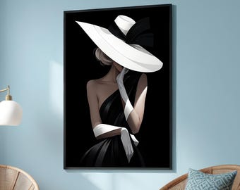 Elegant Black and White Woman with Hat Canvas Print, Minimalist Fashion Wall Art, Stylish Female Portrait for Modern Decor and Living Room