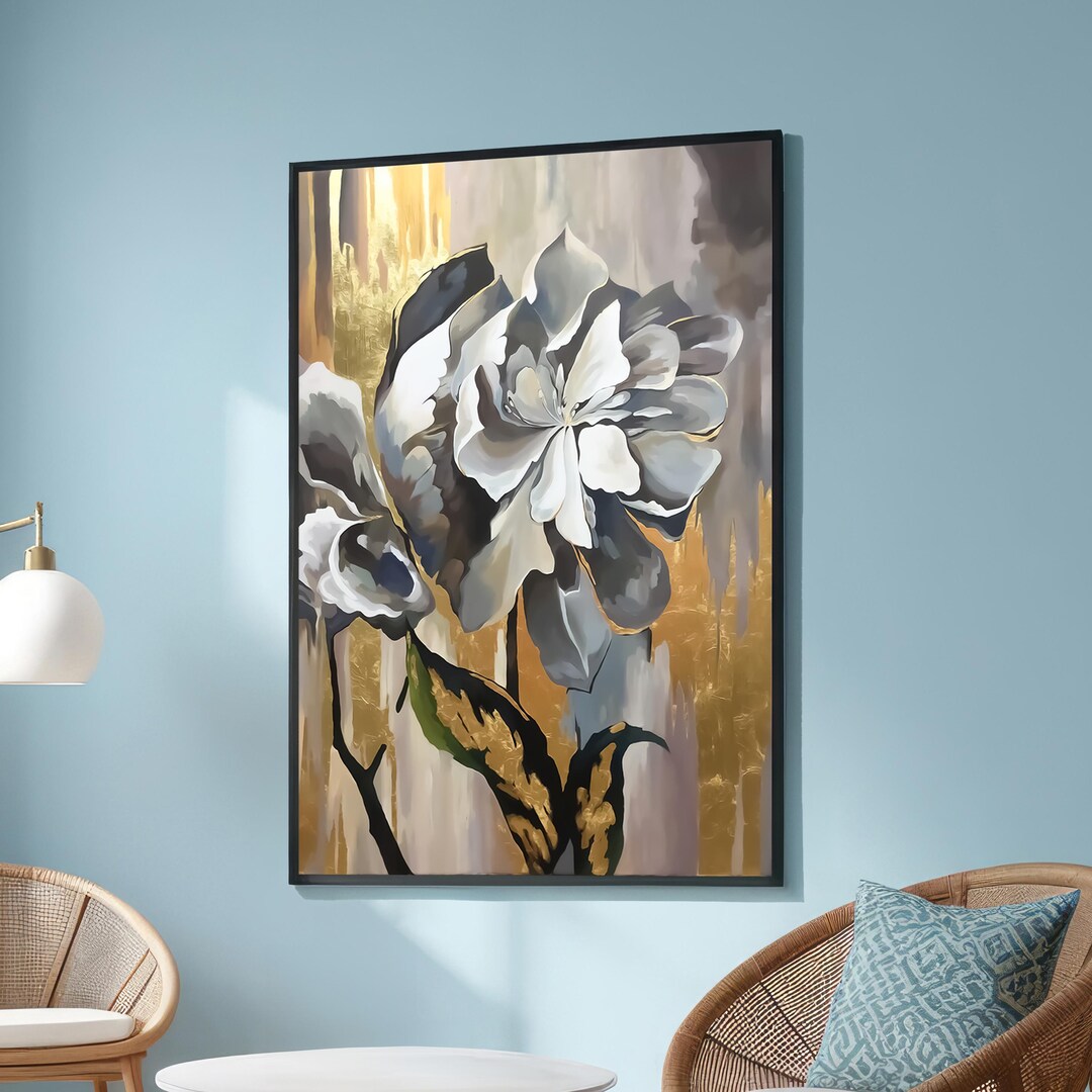 Elegant White Rose Canvas Print - Modern Floral Wall Art With Gold ...