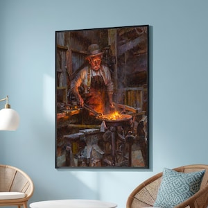 May include: A painting depicting a blacksmith working in a dimly lit workshop. He is wearing a brown hat and a brown apron, and is using tongs to hold a piece of metal over a forge. The metal is glowing red hot, and sparks are flying off it.
