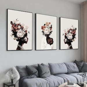 Floral Portrait Canvas Art - Elegant Woman with Flowers - Modern Feminine Wall Decor - Nature-Inspired Art for Living Room or Bedroom