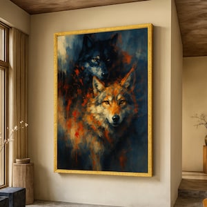 Mystieke wolven canvas muurkunst, abstract wildlife schilderij, dierenportret canvas, natuur woondecoratie, klaar om op te hangen kunstwerk