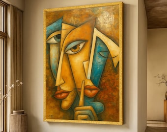 Abstract Faces Canvas Wall Art, Modern Cubist Style Painting, Geometric Portrait Canvas, Contemporary Art Print for Home Decor, Colorful