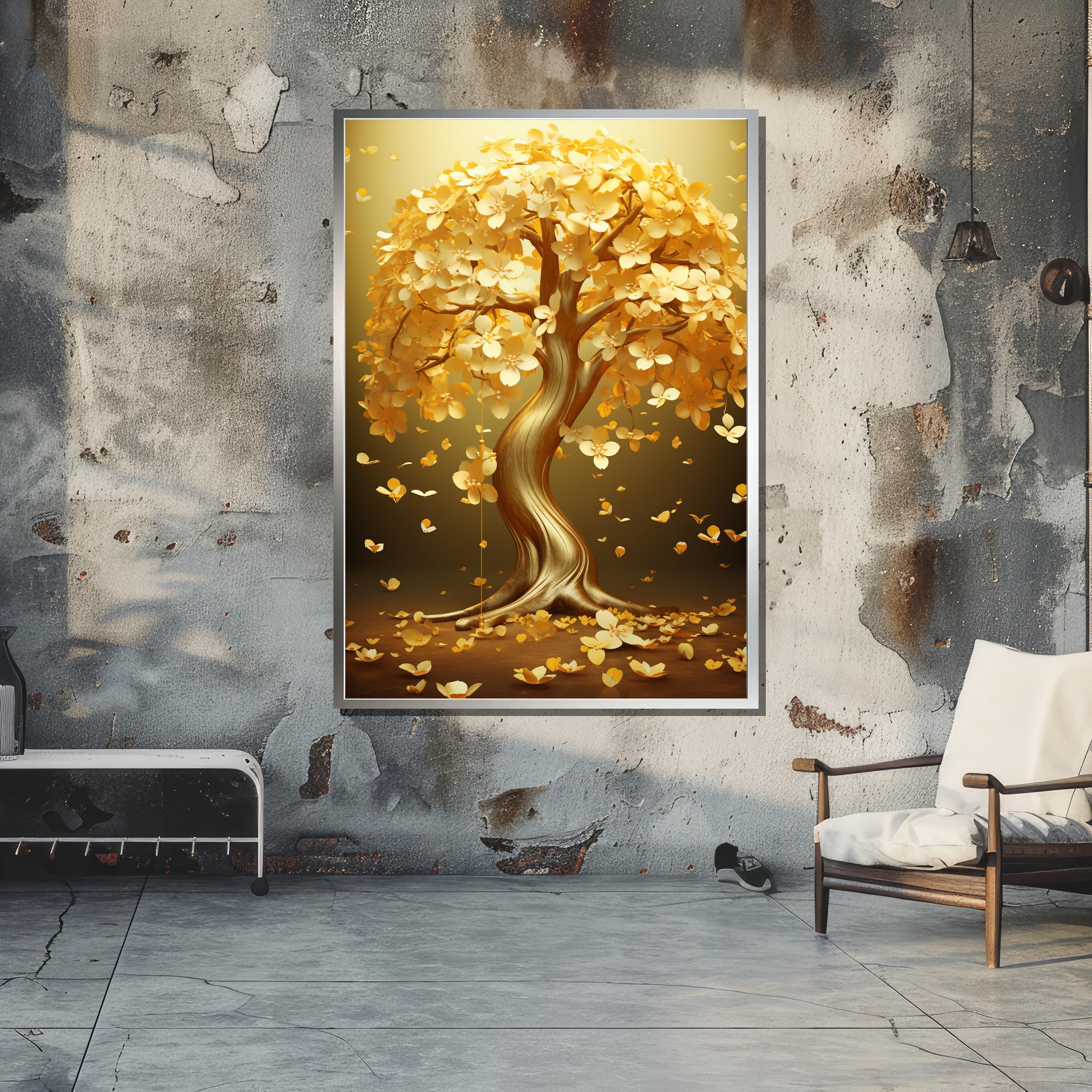 Golden Tree With Falling Petals Canvas Art - Fantasy Surreal Wall Decor ...