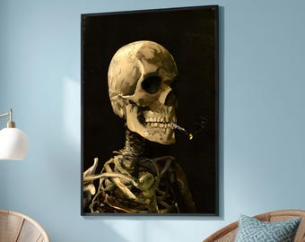 Van Gogh-skelett med brinnande cigarett - Postimpressionistisk konst - Makaber humor - Canvastavla med anatomi - Väggdekor