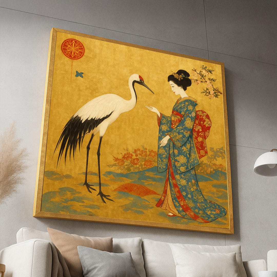 Elegant Japanese Geisha With Crane Canvas, Traditional Kimono Art ...