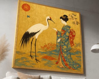 Elegante Japanse geisha met kraanvogel op canvas, traditionele kimono-kunst, Aziatische wanddecoratie, oosters bloemenmotief, canvas wanddecoratie in vintage stijl.