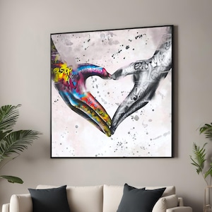Graffiti Heart Hands Art - Colorful and Monochrome Urban Street Art - Modern Wall Decor for Bold Spaces