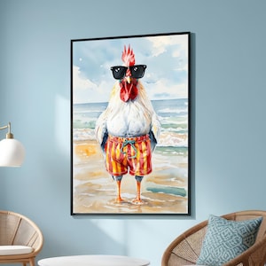 Lámina artística de gallo playero divertido: pollo de verano con gafas de sol y pantalones cortos. Decoración de pared colorida de animales de granja en acuarela para hogares divertidos.