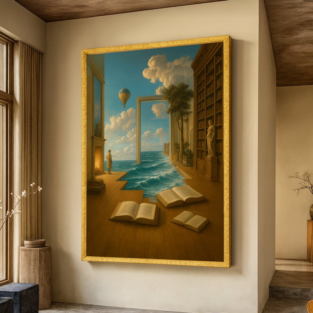 Surreal Library Ocean View Canvas, Dreamy Books and Sea Waves Wall Art ...