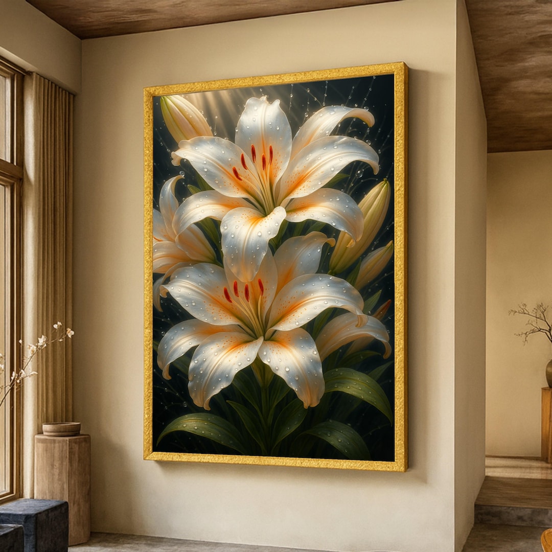 Elegant White Lily Canvas, Floral Wall Art With Water Droplets, Nature ...