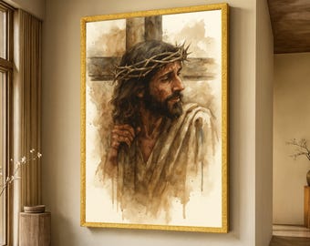 Jesus Carrying Cross Canvas Wall Art, Crown of Thorns Painting, Religious Spiritual Artwork, Christian Home Decoration, Watercolor Style