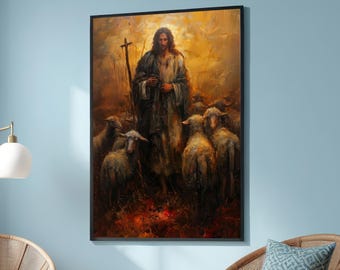 Cuadro de Jesús el Buen Pastor - Arte religioso para pared - Decoración cristiana para el hogar - Pintura inspiradora de Cristo con ovejas