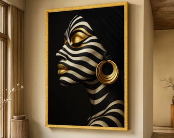Elegante tela con strisce zebrate, pittura per il corpo in bianco e nero, ritratto africano, arredamento etnico moderno per la casa