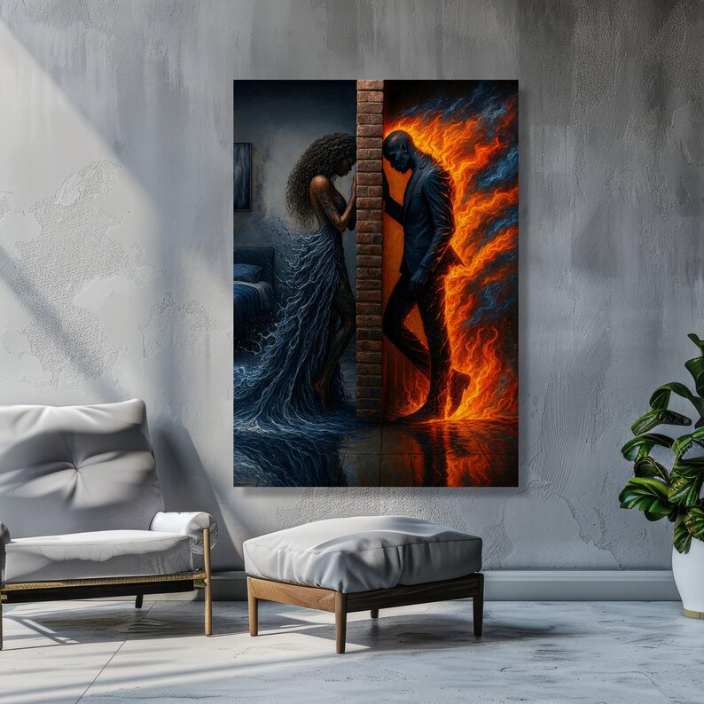 Fiery Passion vs. Ocean Serenity, Elemental Contrast Canvas, Woman Water Dress & Man Flame Suit, Emotional Wall Art, Modern Home Decoration image 6