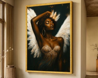 Elegant African American Angel Canvas, Ethereal Woman with Wings Wall Art, Modern Portrait Painting, Inspirational Home Decor, Ready to Hang