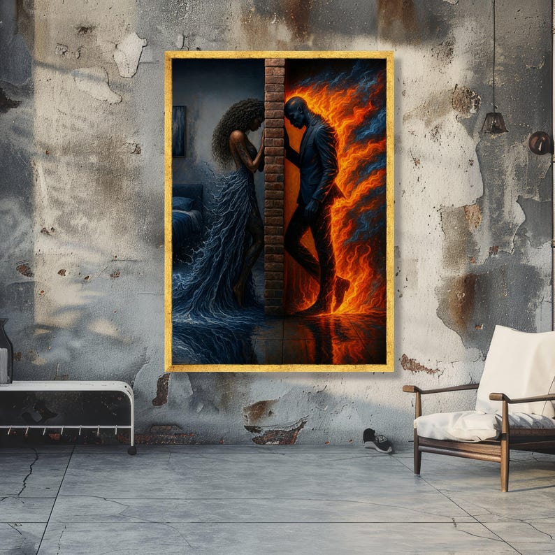 Fiery Passion vs. Ocean Serenity, Elemental Contrast Canvas, Woman Water Dress & Man Flame Suit, Emotional Wall Art, Modern Home Decoration image 2
