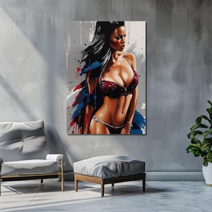 May include: A painting of a woman with long black hair wearing a red and black bra and a blue and white feather boa. The background is a gray and white abstract design.
