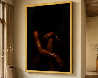 Elegante silhouette di donna afro su tela, arte con tonalità di pelle scura, dipinto con bracciale in oro, moderna decorazione murale nera, decorazione per la casa afrocentrica