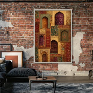 Vintage Persische Türen und Blumenteppiche Leinwand, Verzierte Torbogen Wandkunst, Traditionelles Dekor aus dem Nahen Osten, Bunte Textilmuster Leinwand, Bild 4