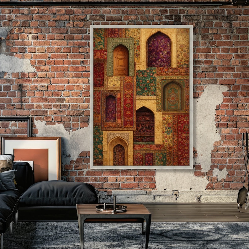 Vintage Persische Türen und Blumenteppiche Leinwand, Verzierte Torbogen Wandkunst, Traditionelles Dekor aus dem Nahen Osten, Bunte Textilmuster Leinwand, Bild 4