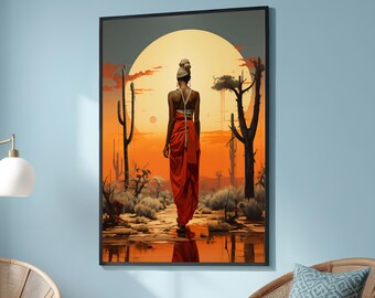 May include: A woman in a red dress walks through a desert landscape with tall cacti and a large sun in the background.