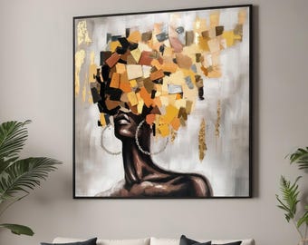 Abstrakte Afro Frau Leinwanddruck - Strukturierte Kunst in Gold- und Erdtönen - Moderne Wanddekoration für zeitgenössische Häuser