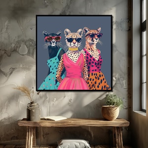Modieuze canvasafdruk kat popart - kleurrijke antropomorfe katachtige kunst - grillige dierenmode decor - gedurfde en trendy muurkunst